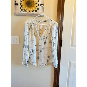 Babaton 100% Silk Horse Print Size S Delphine V Neck Long Sleeve Cream Blouse
